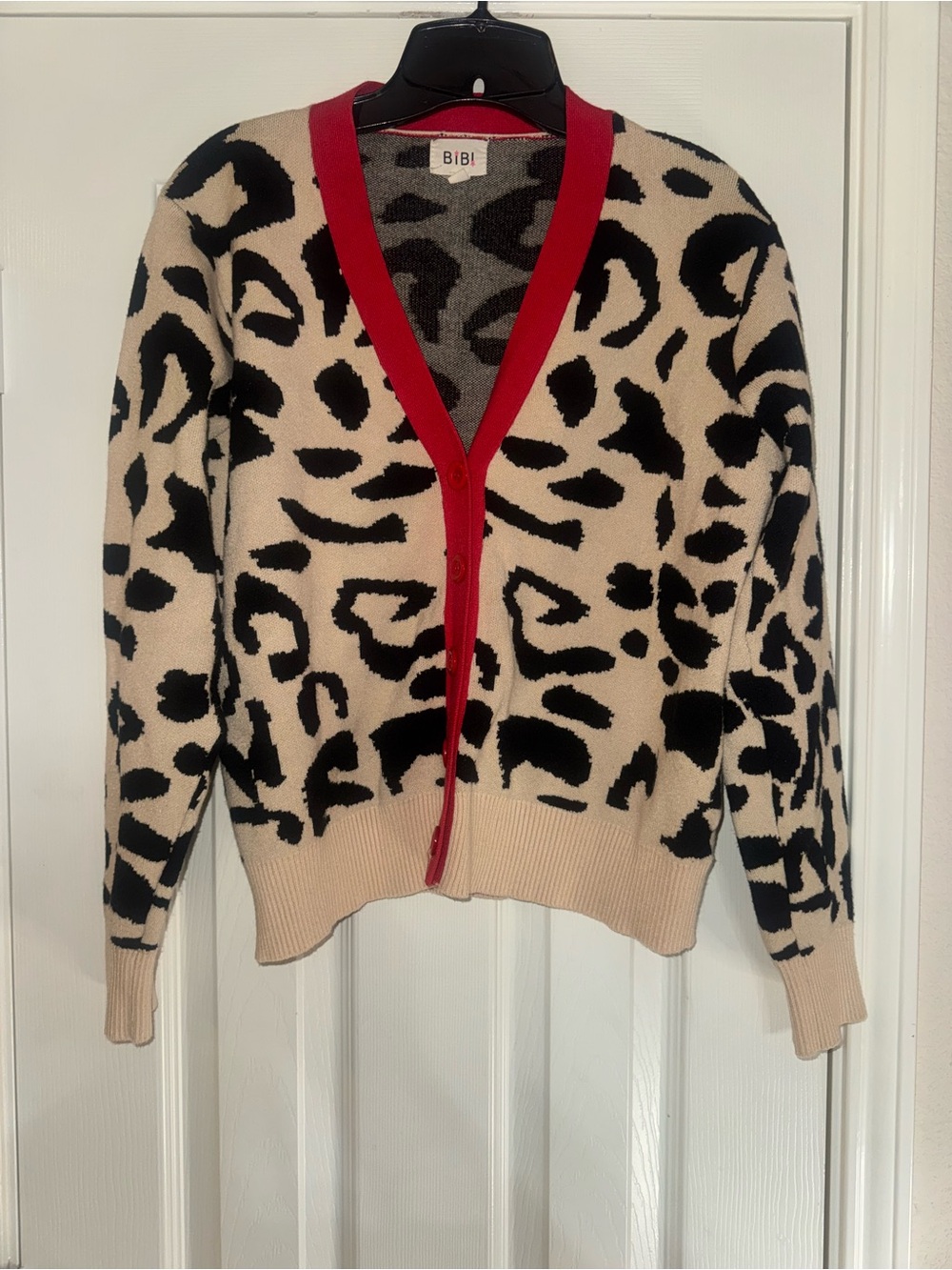 BiBi Beige and Black Leopard Cardigan with Red Trim